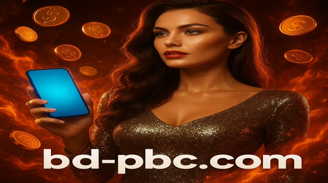 আত্মবিশ্বাসী এক নারী সোনালি পোশাক পরে একটি ফোন ধরে APP স্ক্রিন দেখাচ্ছেন; চারপাশে BDT টোকেন ও pbc গেমিং প্ল্যাটফর্মের চিপস ঘিরে রয়েছে।