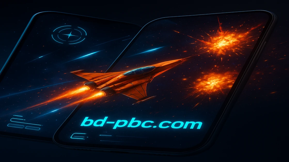 pbc–র গেমিং প্ল্যাটফর্মে বিস্ফোরণময় দৃশ্য: জ্বলে ওঠা লাল বিমানটি ট্যাবলেটের স্ক্রিন থেকে বেরিয়ে যাচ্ছে, চারপাশে আরও বিমান ও খেলার উপাদান ছড়িয়ে রয়েছে।