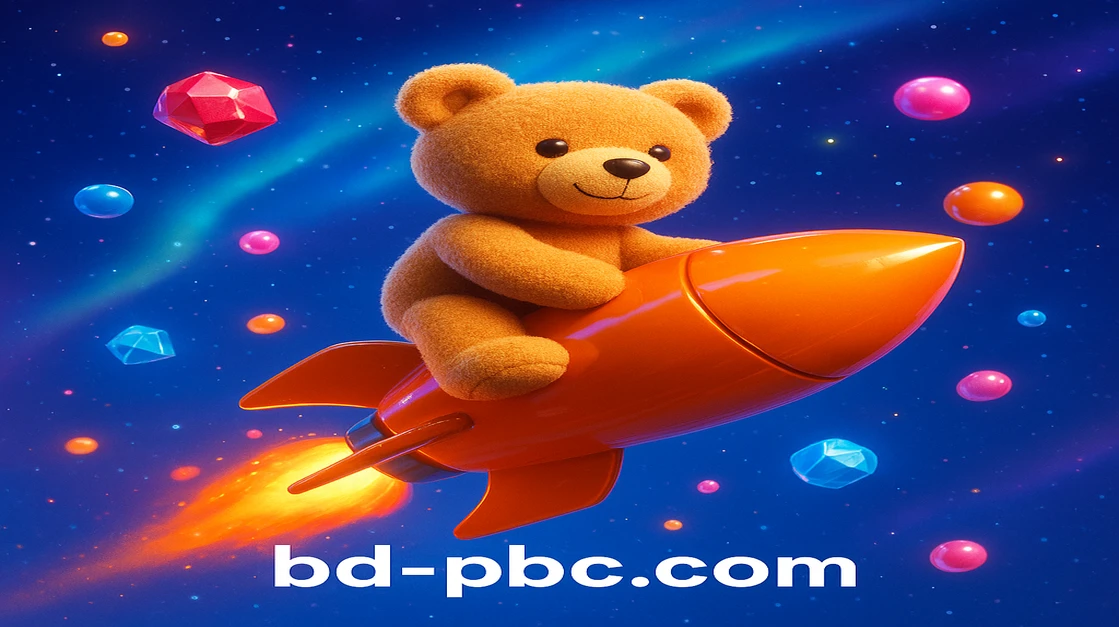 pbc-র মিষ্টি টেডি বিয়ার একটি সোনালি রকেটে চড়ে, চারদিকে উড়ন্ত রঙিন ক্যান্ডি ও মিষ্টান্নে ঘেরা বহির্জগত।