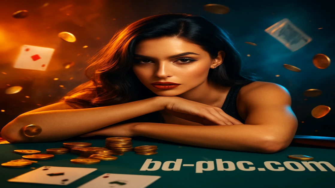 গাঢ় পোশাক পরা এক নারী pbc গেমিং প্ল্যাটফর্মের টেবিলে হেলান দিয়ে রয়েছেন; চারপাশে উড়ন্ত কার্ড ও সোনালি মুদ্রা ছড়িয়ে আছে; লগইন লেখা স্পষ্টভাবে দেখা যাচ্ছে।